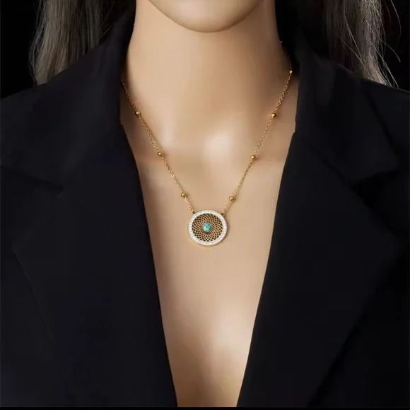 Boho Style Set  Stainless Steel Circular Retro 

Turquoise Golden Necklace - Picture 7 of 8